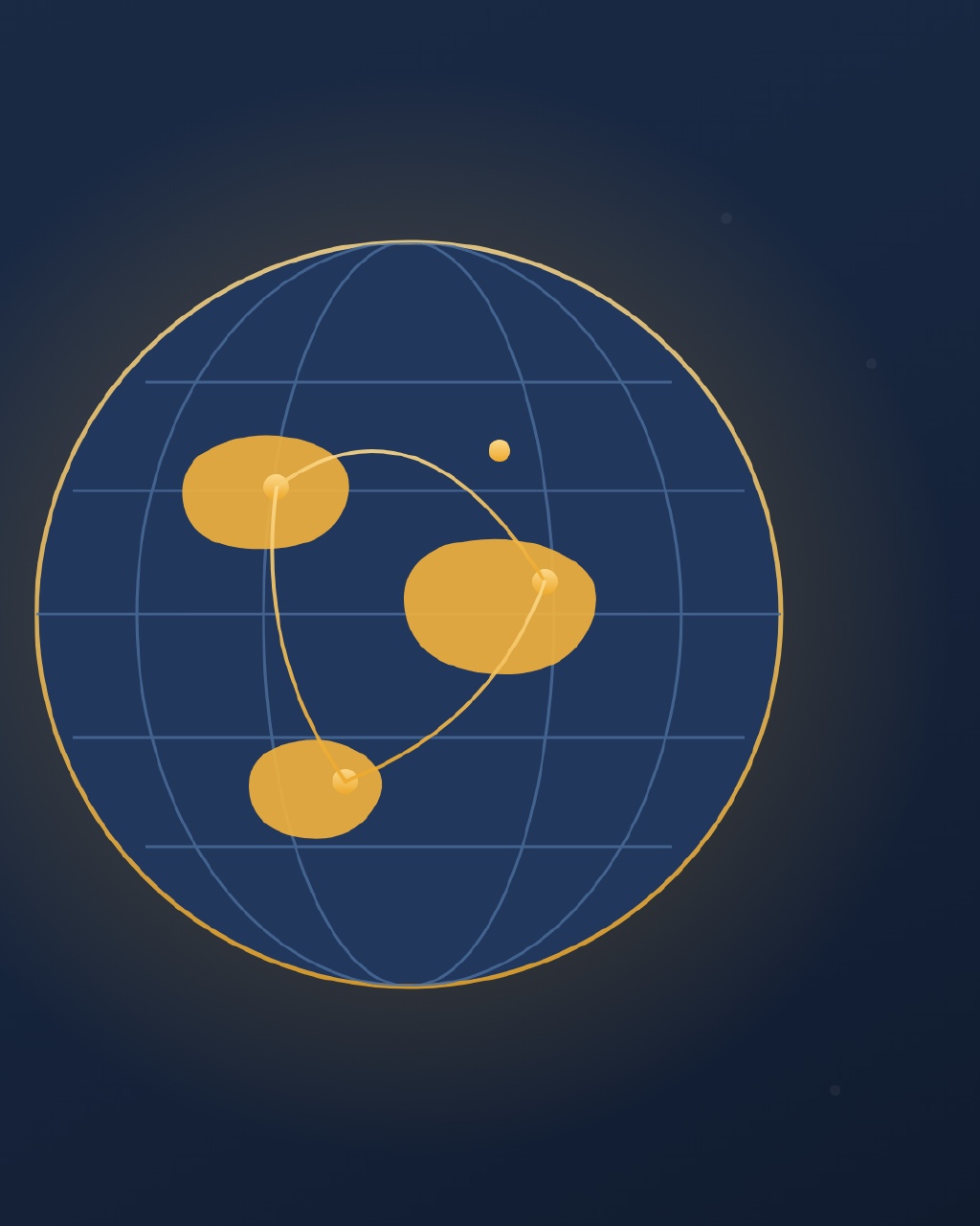 Illustration of a globe with three connected regions, representing legal talent sourced worldwide.